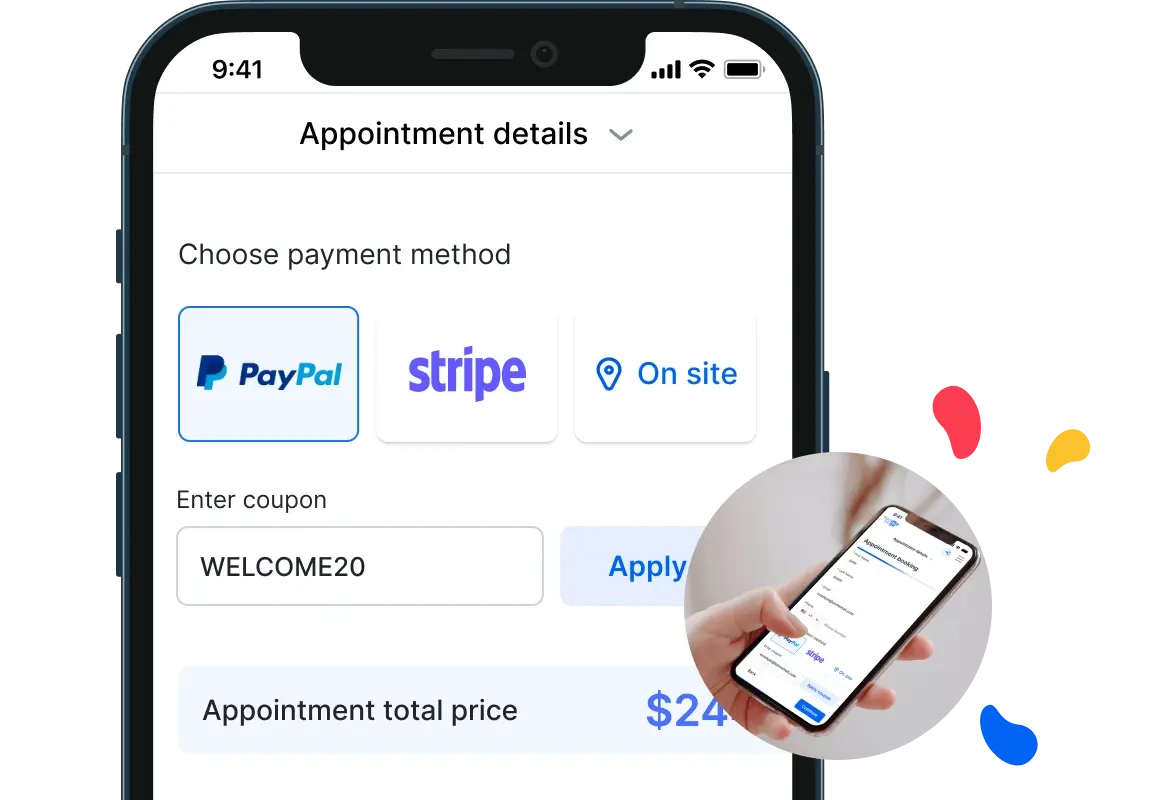 A photo showing the option to pay for an appointment through Trafft booking app by choosing one of the online payment gateways