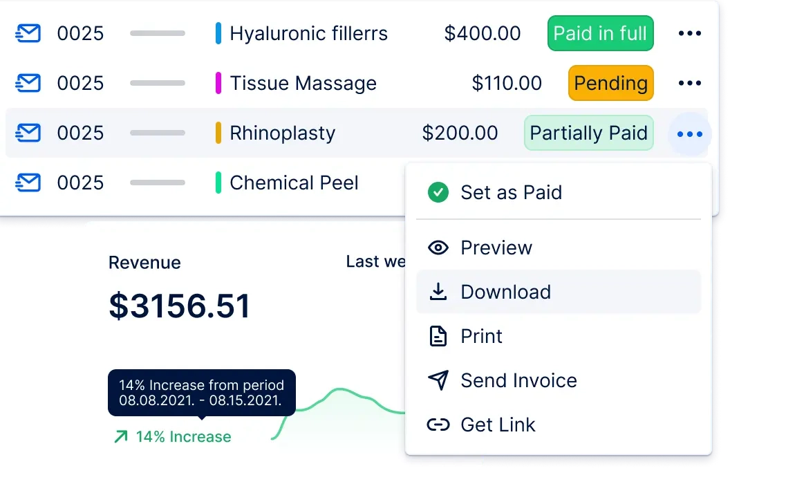 A photo showing an appointment invoice status in Trafft booking app and the option to preview, download, print or send an invoice