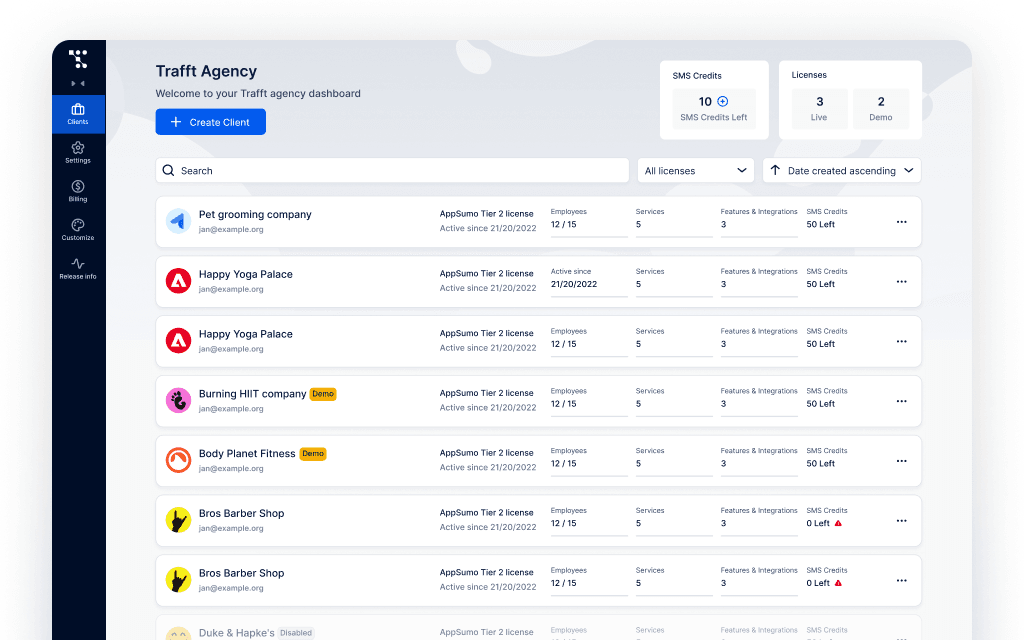 A screenshot of the sign up process for Trafft white label booking software