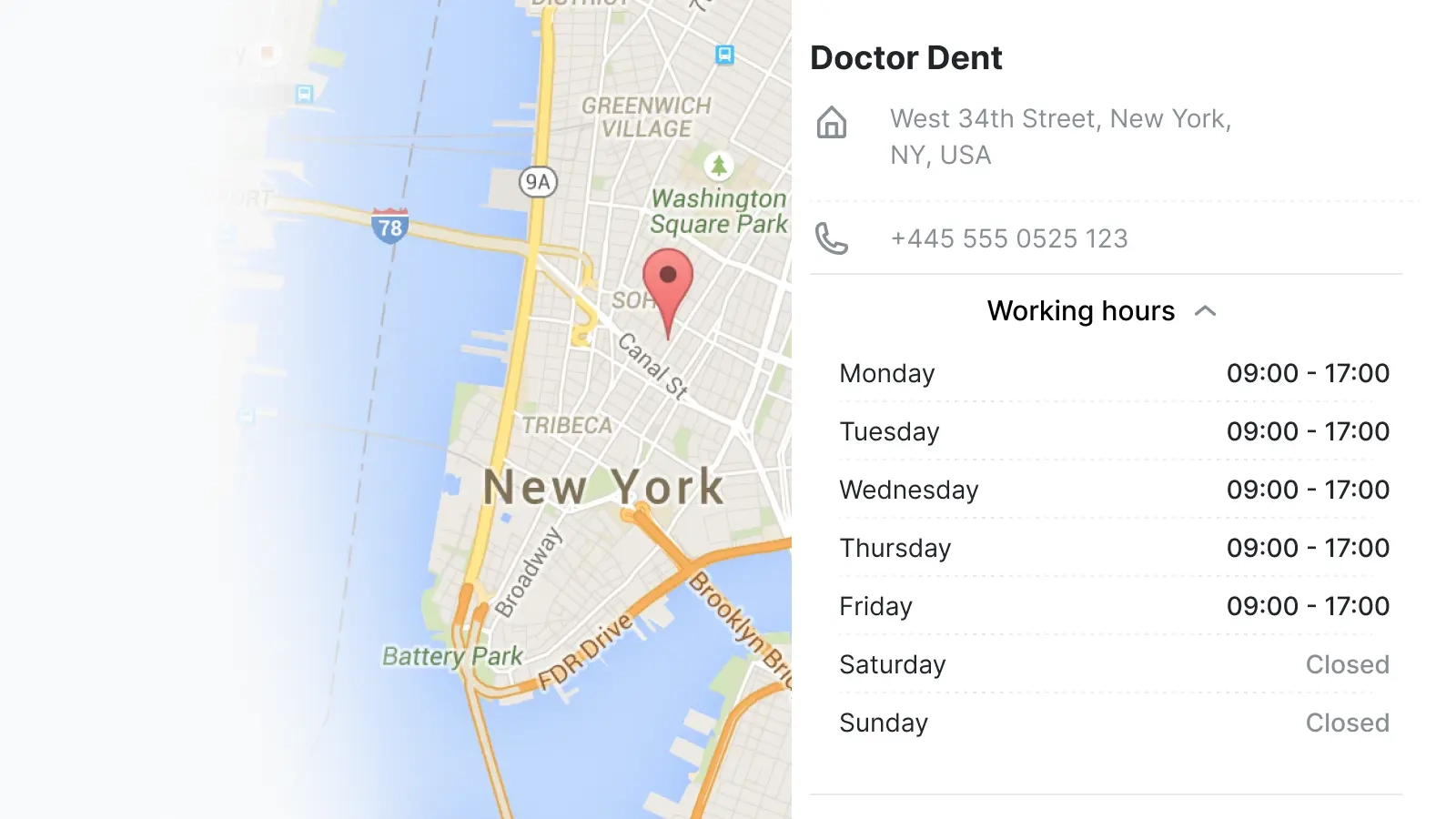 A photo showing a business location and working hours set in Trafft clinic appointment scheduling software