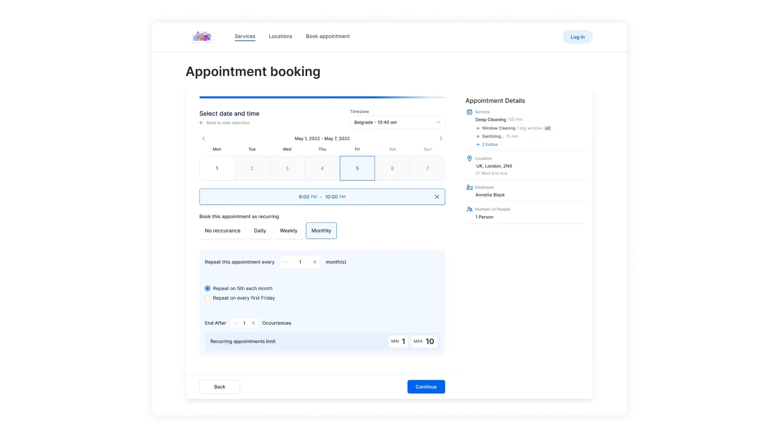 A photo showing an option to book recurring appointments during appointment booking process through Trafft service-business scheduling software