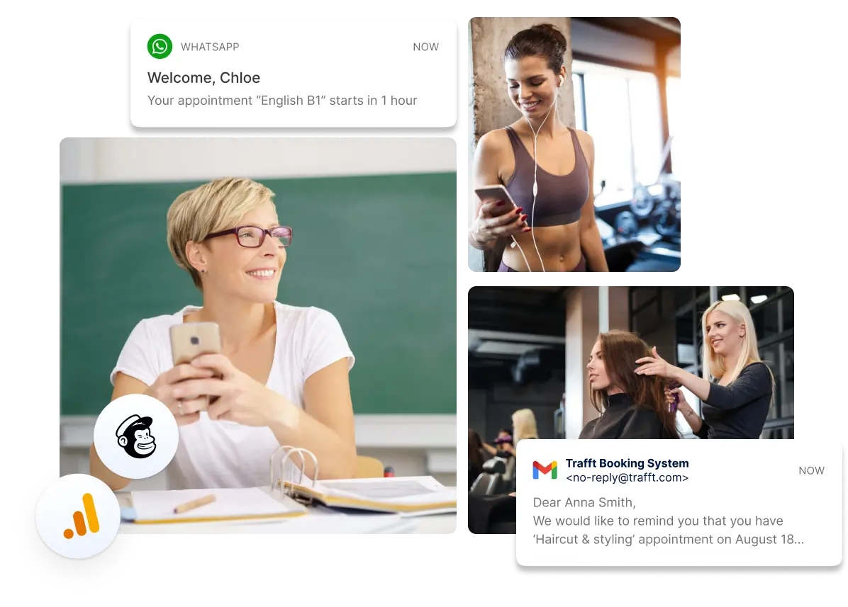 Happy business owners using Trafft’s WhatsApp and email notifications to interact with their customers