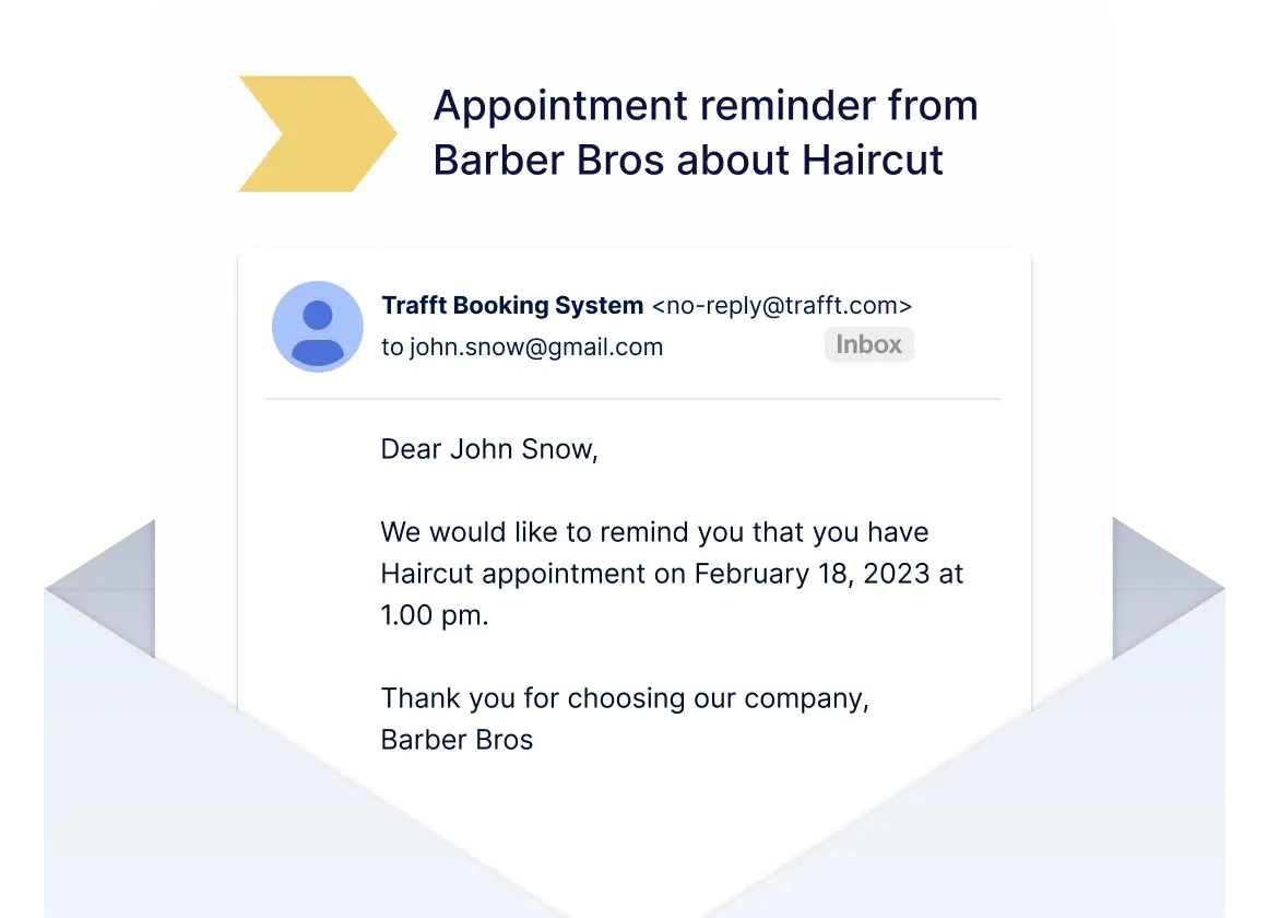 A screenshot of email appointment reminder for a haircut sent from Trafft