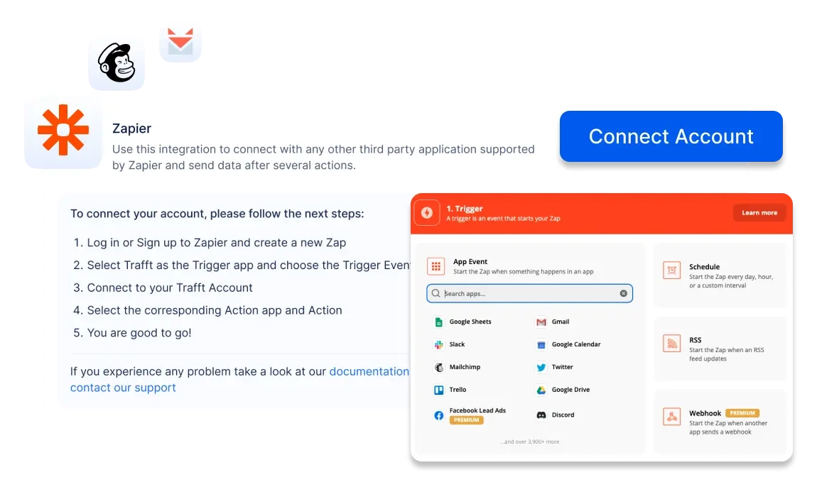 A photo showing Trafft’s integration with Zapier that is used to connect Trafft with other productivity tools