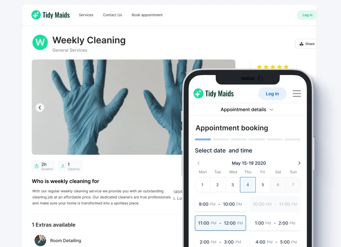 A photo showing a booking website for cleaning services made with Trafft