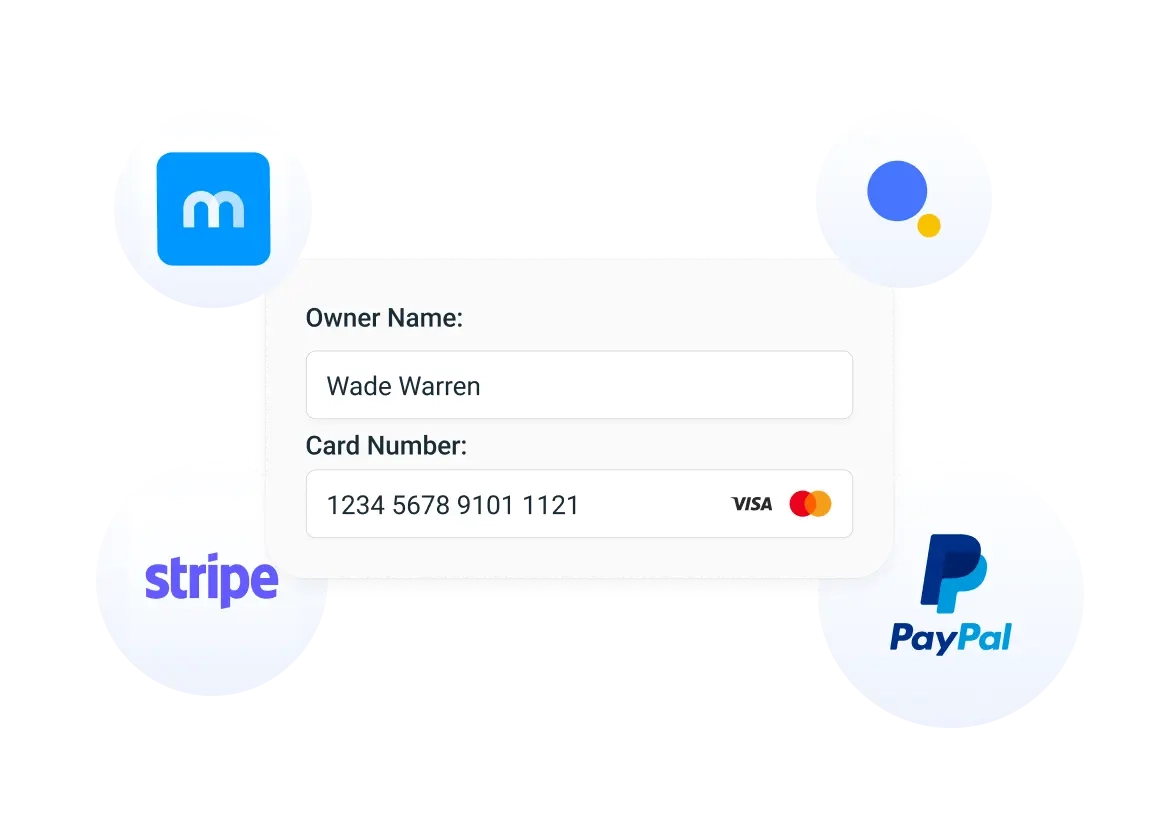 A photo showing Trafft’s integrations with online payment providers - Mollie, Authorize.net. Stripe and PayPal