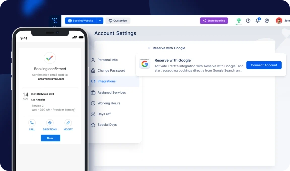 A screenshot of a Reserve with Google integration in Trafft admin dashboard and a photo of a phone showing a confirmed booking through Reserve with Google