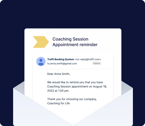 An email reminder from Trafft for a coaching session