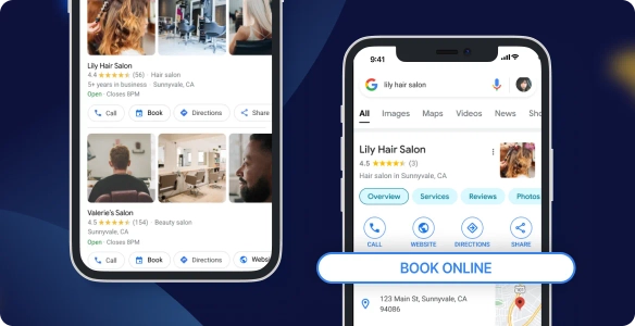 A photo of a phone that shows two hair salons in Google Search and a photo of another phone that shows a hair salon in a Google Search with a Book online button