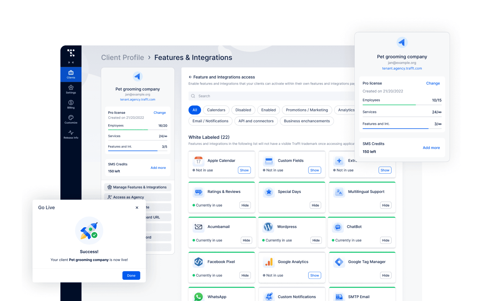 The page with features and integrations in Trafft’s white label booking software