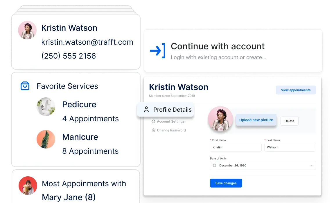 A photo of cards showing customers’ profiles and their favorite services in Trafft appointment booking software