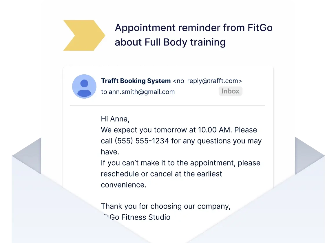 A screenshot of an email appointment reminder sent from Trafft fitness appointment scheduling software