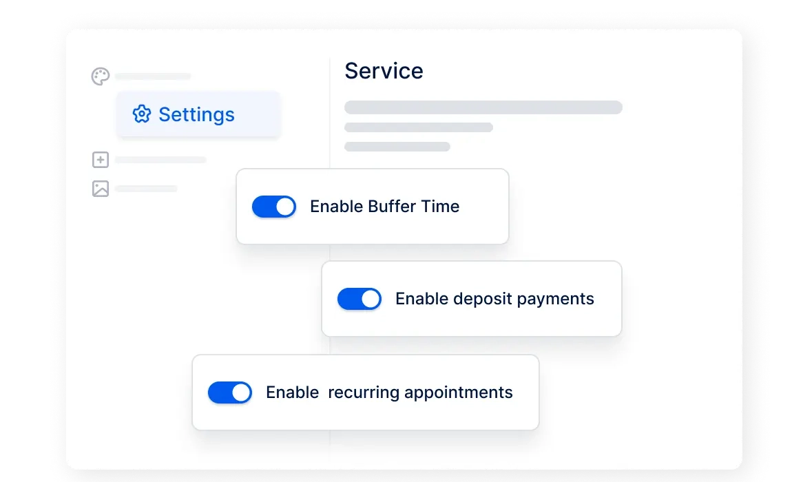 A screenshot showing options to enable buffer time, recurring appointments and deposit payments with Trafft