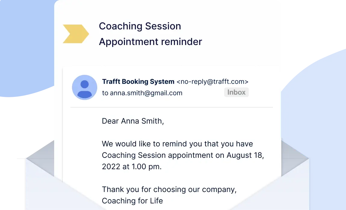 A screenshot showing an email appointment reminder for a coaching session sent from Trafft scheduling tool