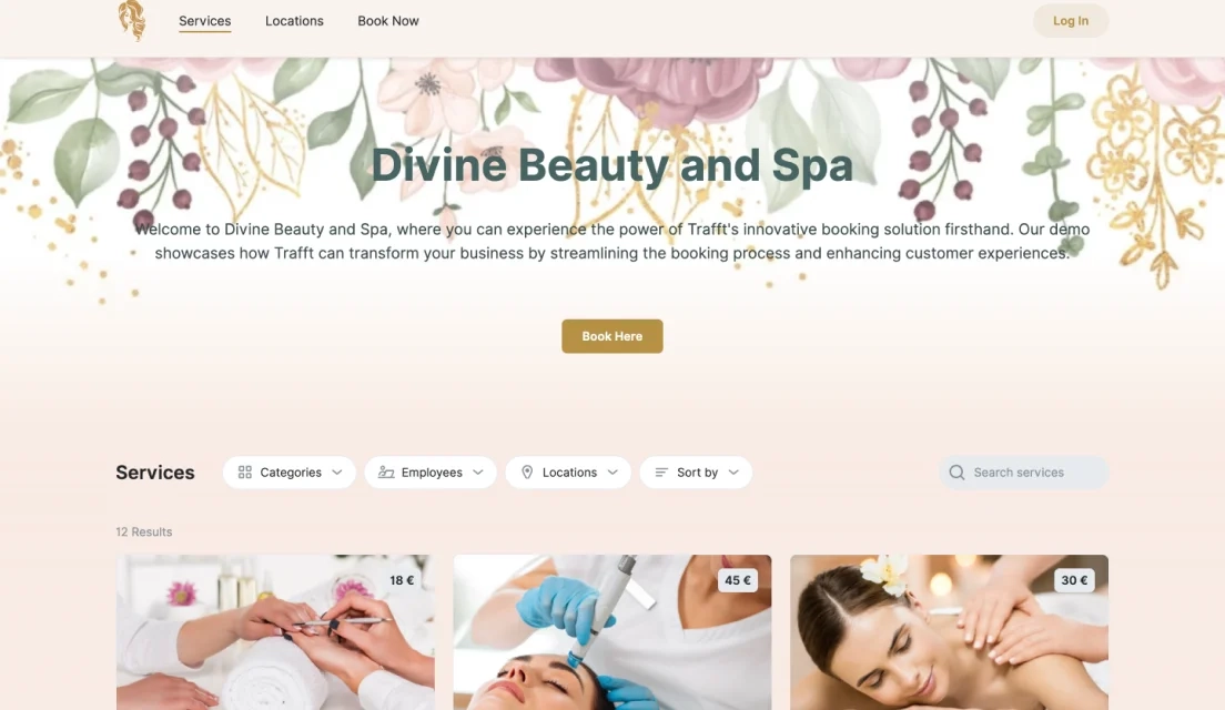 A screenshot of Trafft’s booking page for beauty and spa