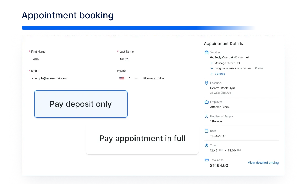 A photo showing an appointment details in Trafft and the option to add deposit payment