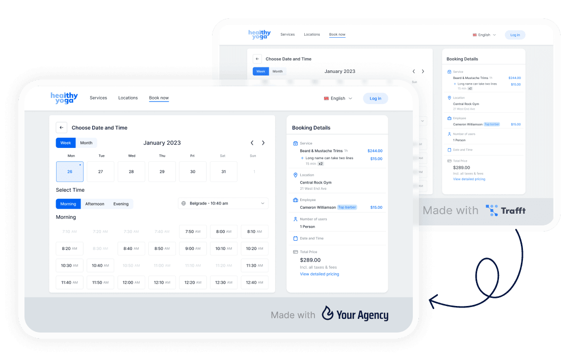 A screenshot that illustrates a Trafft booking form with Trafft branding replaced with Agency branding