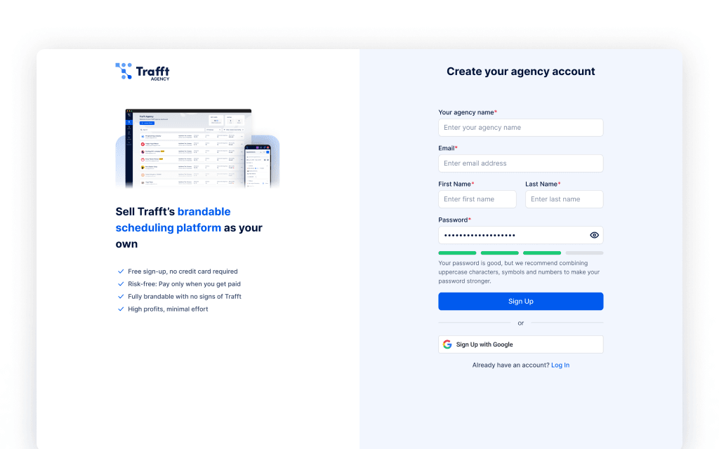 A screenshot of the sign up process for Trafft white label booking software