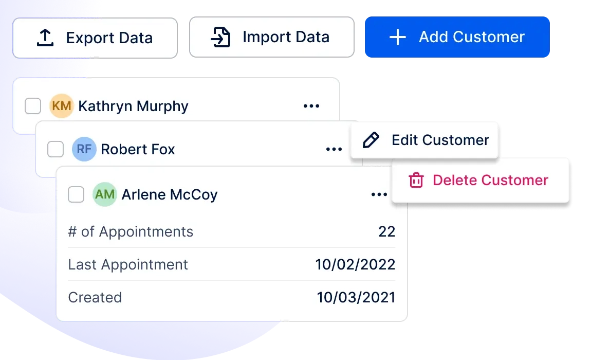 A screenshot showing the option to import or export customer data from Trafft booking tool