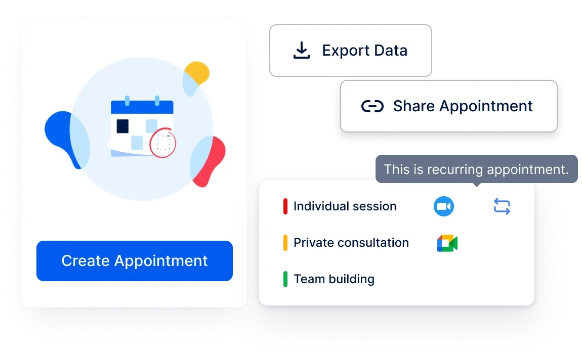 A screenshot showing an option in Trafft to create and share appointments and to export data