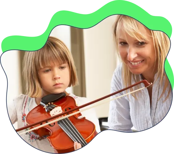 A teacher teaching a girl to play a violin