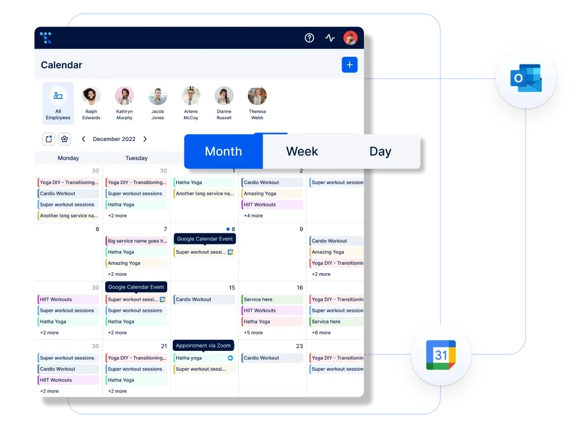 A photo showing Trafft’s calendar with all booked appointments and icons Outlook Calendar and Google Calendar that Trafft integrates with