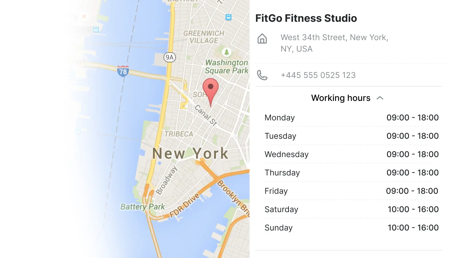 A photo of a business location and working hours set in Trafft fitness and sports scheduling software