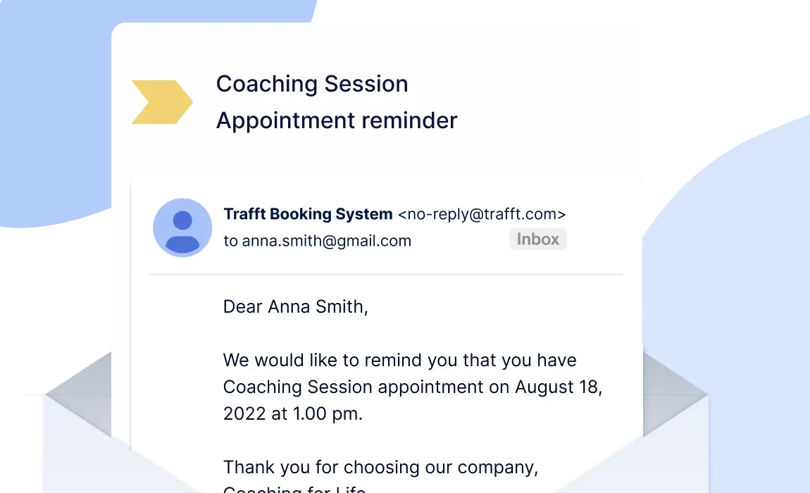 A screenshot showing an email reminder for a coaching session sent from Trafft scheduling tool