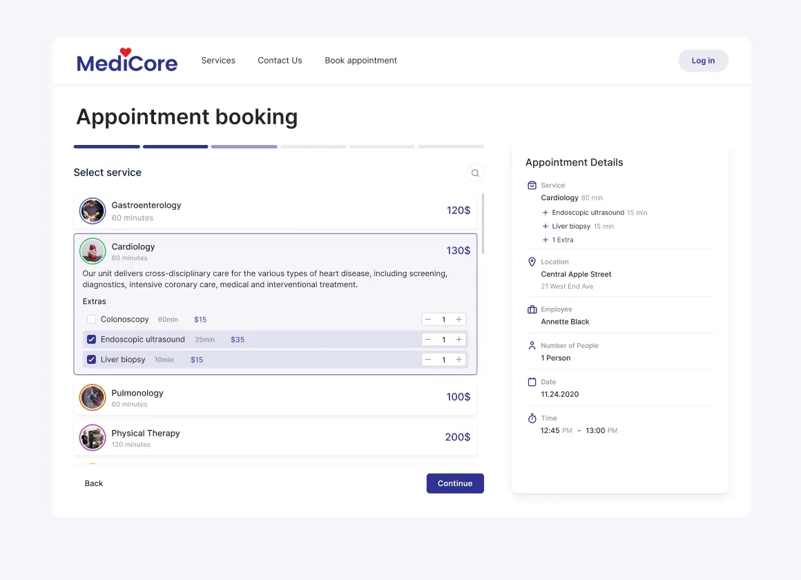 A photo showing a step in the medical appointment booking process on the booking page made with Trafft medical scheduling app