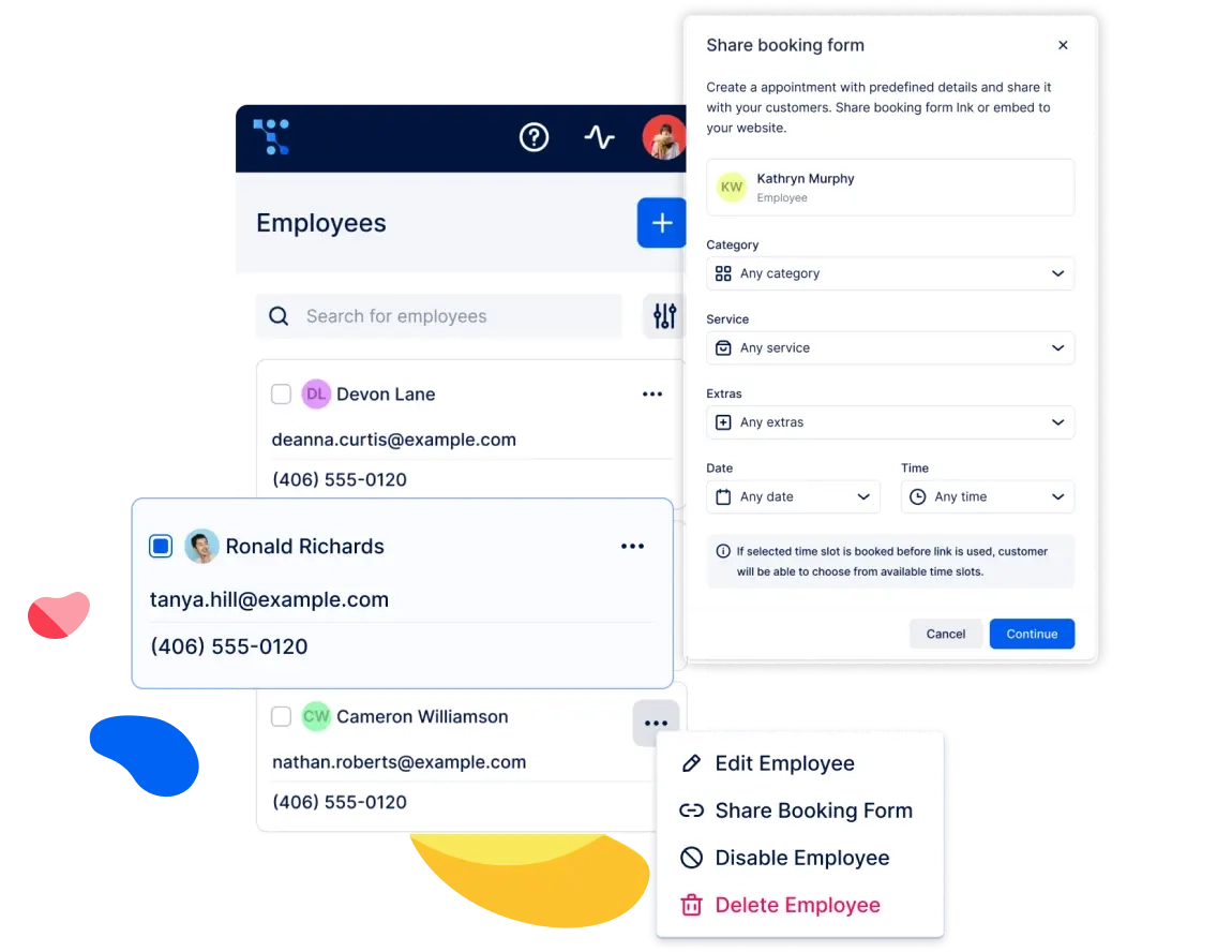 A screenshot showing how to edit an employee’s profile in Trafft and how to create an appointment that you can share with your customers
