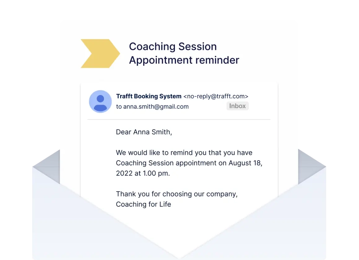 A screenshot of an email appointment reminder for a coaching session sent from Trafft