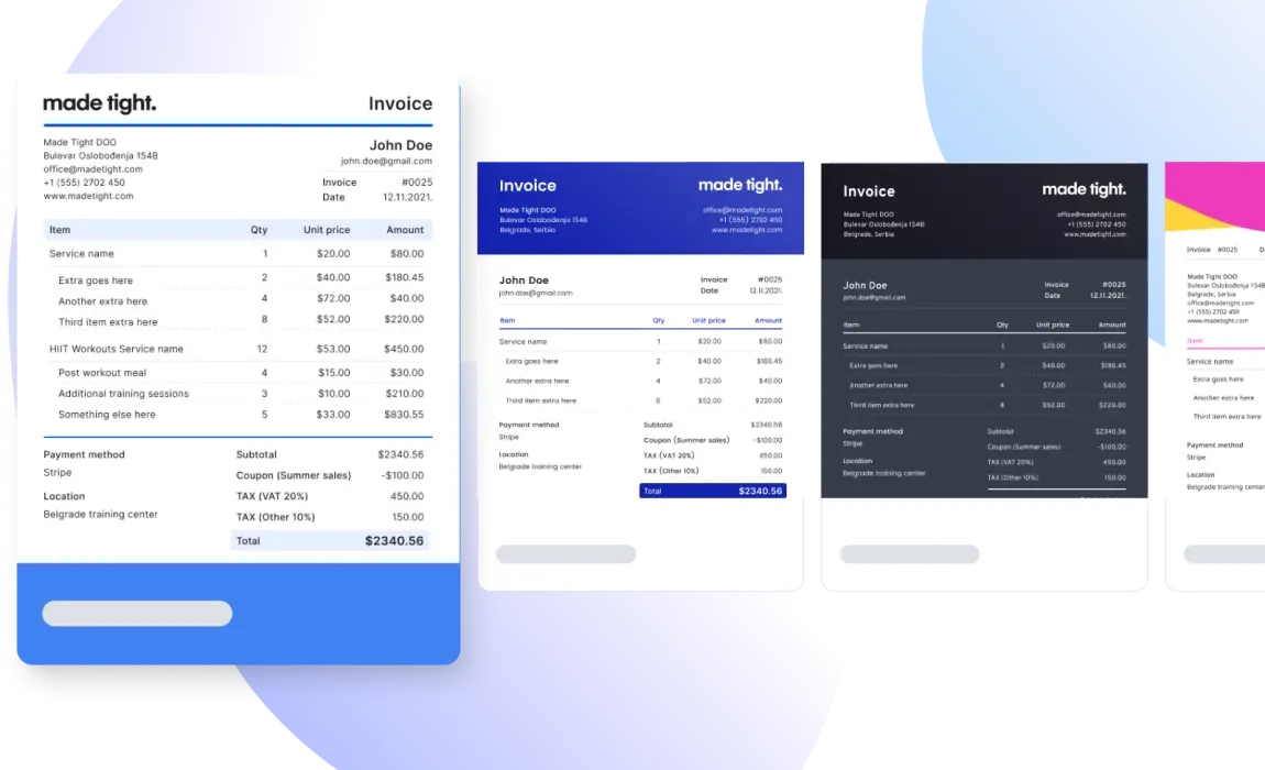 A photo of invoice templates in Trafft online scheduling software