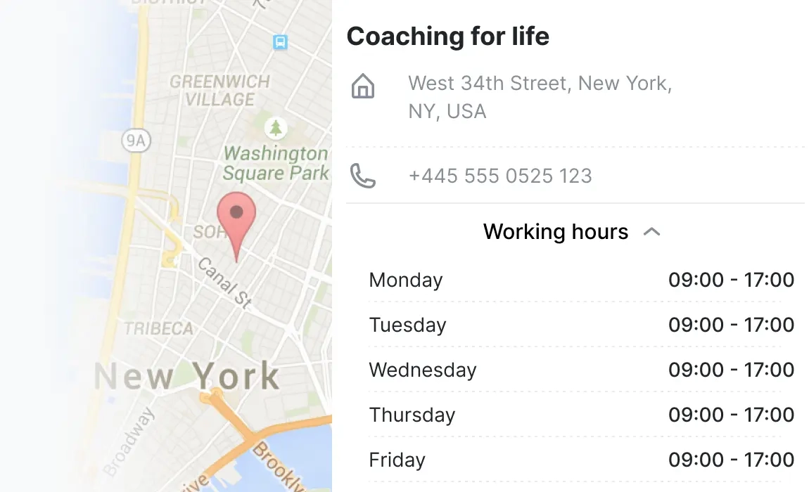 A screenshot showing a business location and working hours set in Trafft online booking app