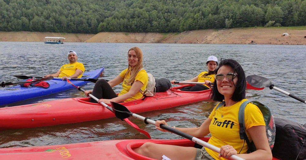 Trafft’s team members kayaking on a team building trip