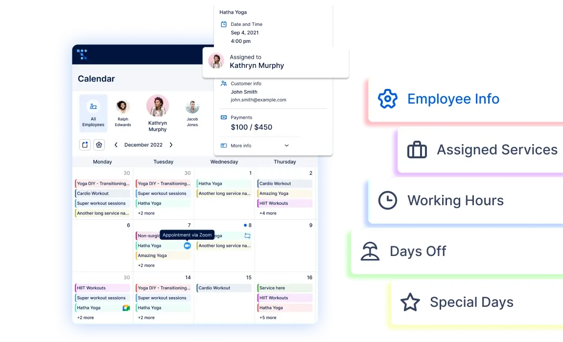 A screenshot showing Trafft’s calendar with booked appointments and appointment details and the option to create employee’s profiles and assign services, working hours, days off and special days