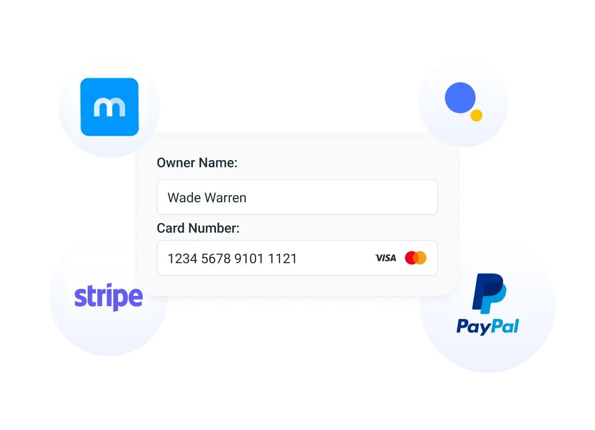 A photo showing icons of Trafft’s integrations with Mollie, Authorize.net, Stripe and PayPal
