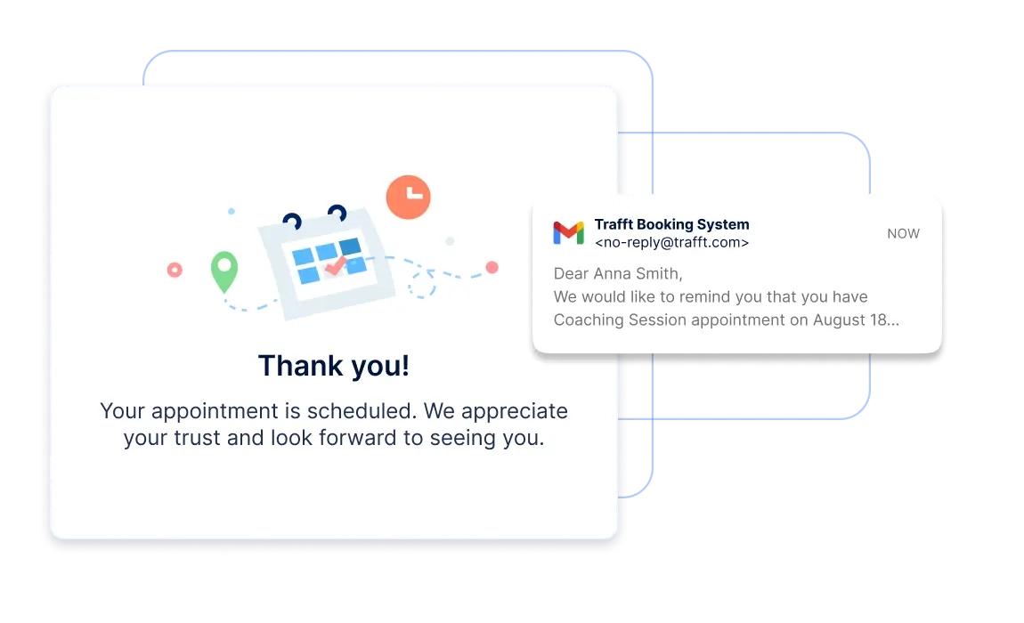 A thank you note from Trafft after an appointment is booked and an appointment reminder from Trafft