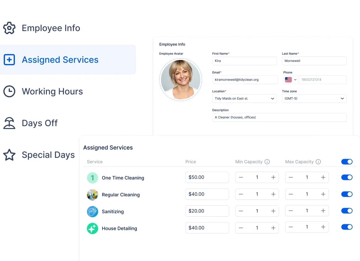 A photo showing employee’s profile and assigned services in Trafft booking software