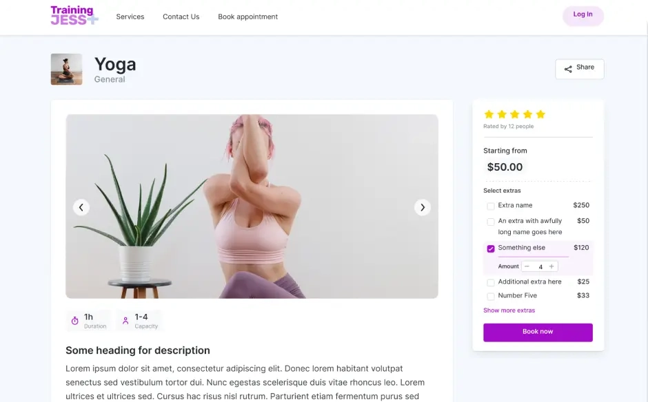 Trafft’s booking page template for yoga