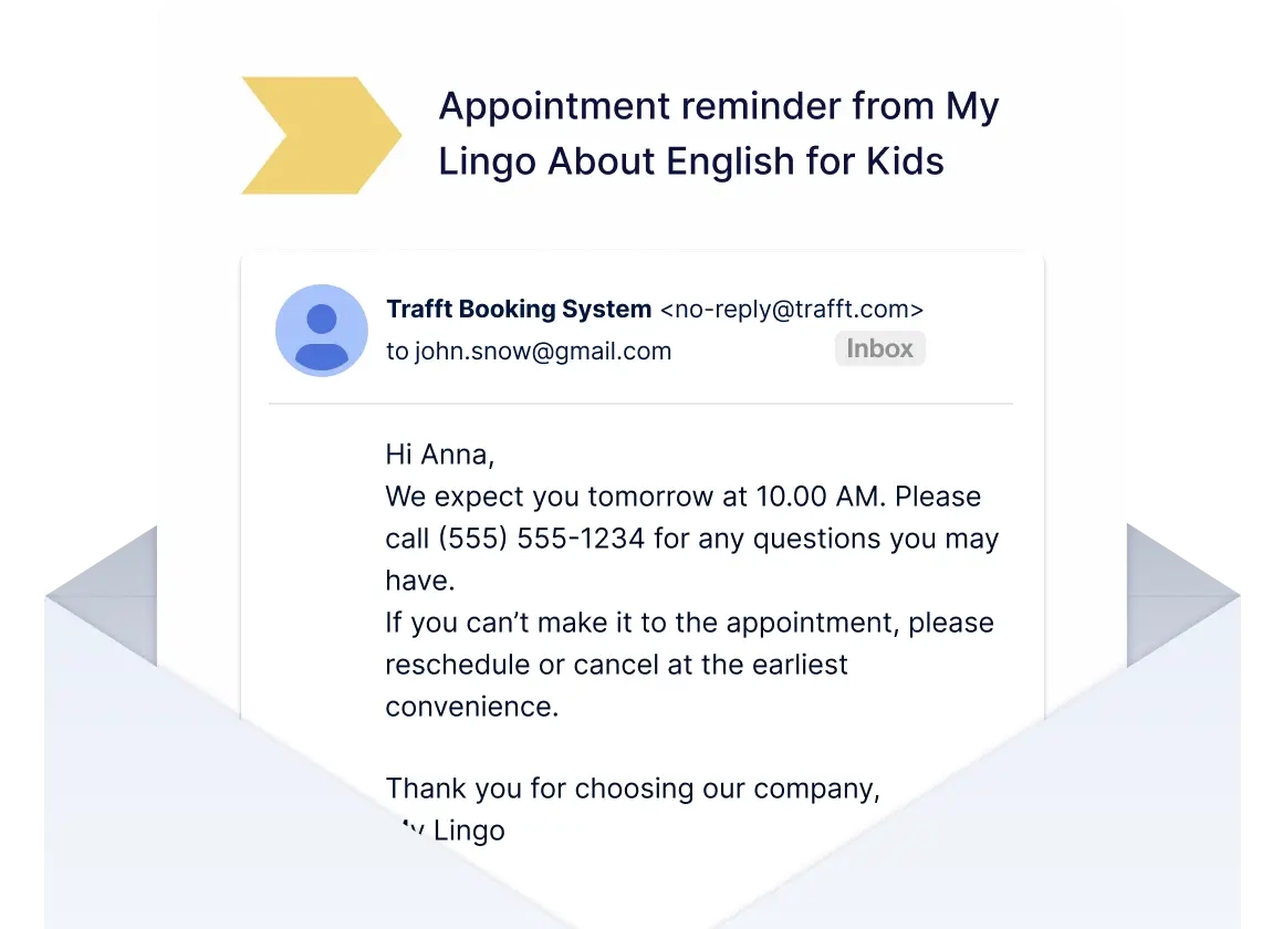 A screenshot of an email appointment reminder for an English class sent from Trafft