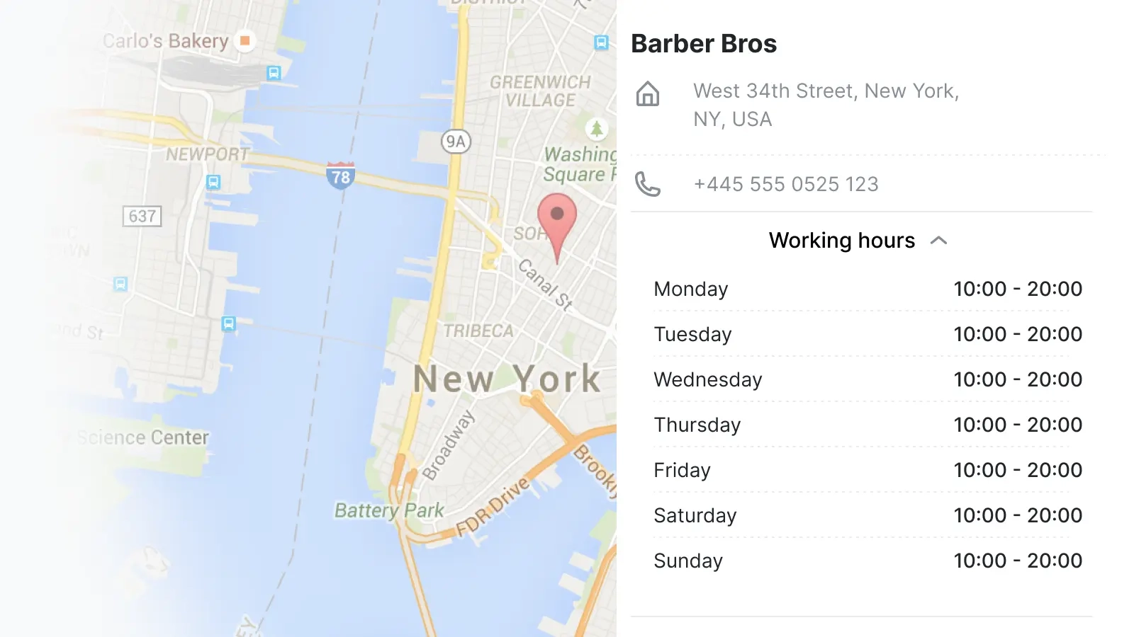 A photo showing a business location and working hours set in Trafft barbershop scheduling software