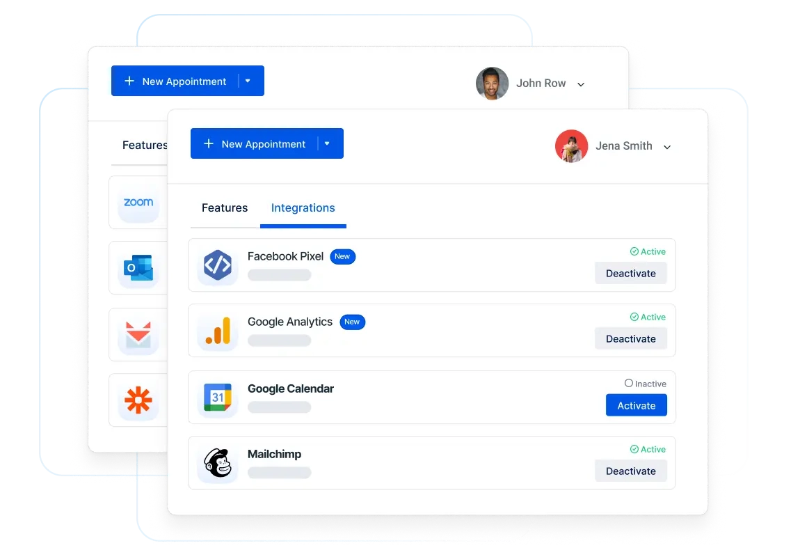 A photo showing Trafft’s integrations with Facebook Pixel, Google Analytics, Google Calendar and Mailchimp