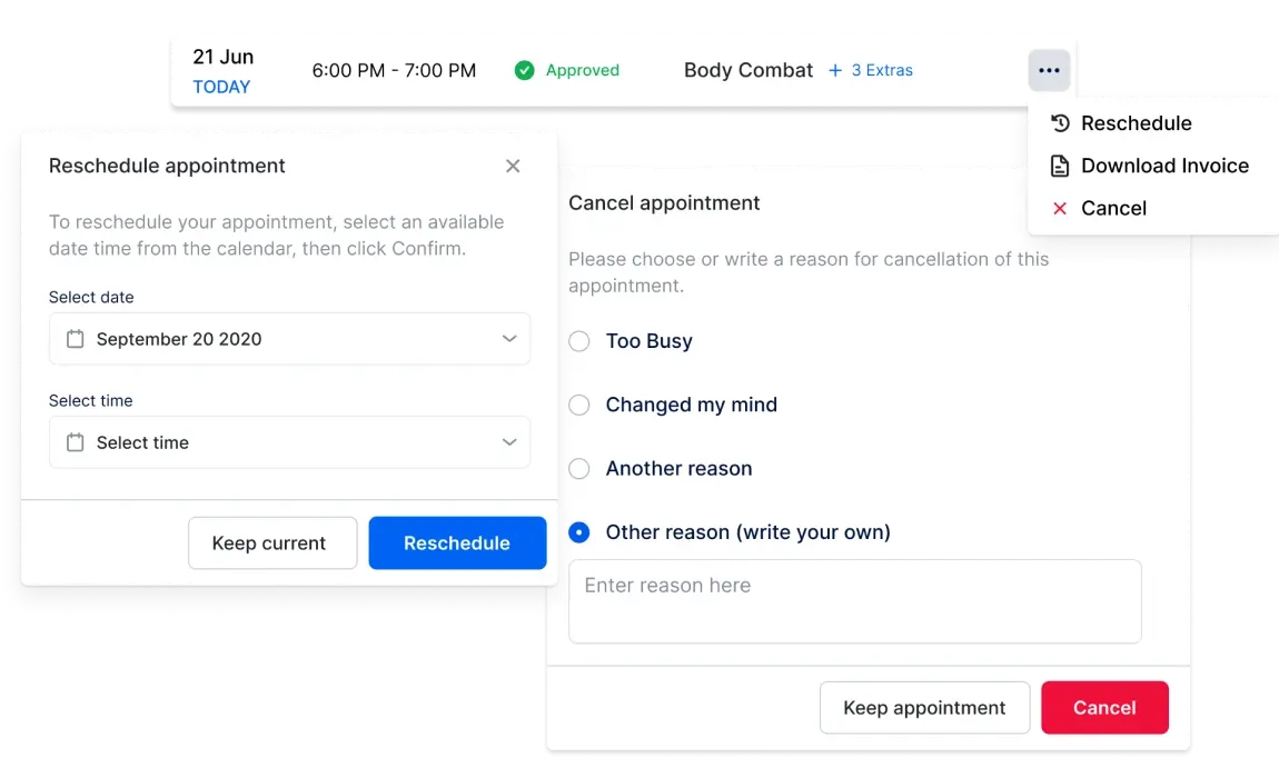 A screenshot showing customers’ option to cancel or reschedule appointments on their own through Trafft scheduling system