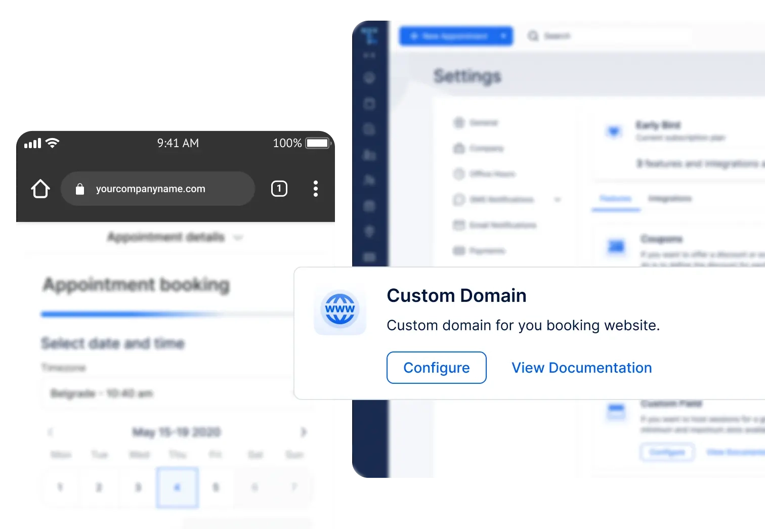 A photo showing a custom domain feature in Trafft that allows you to use your own URL for your booking page