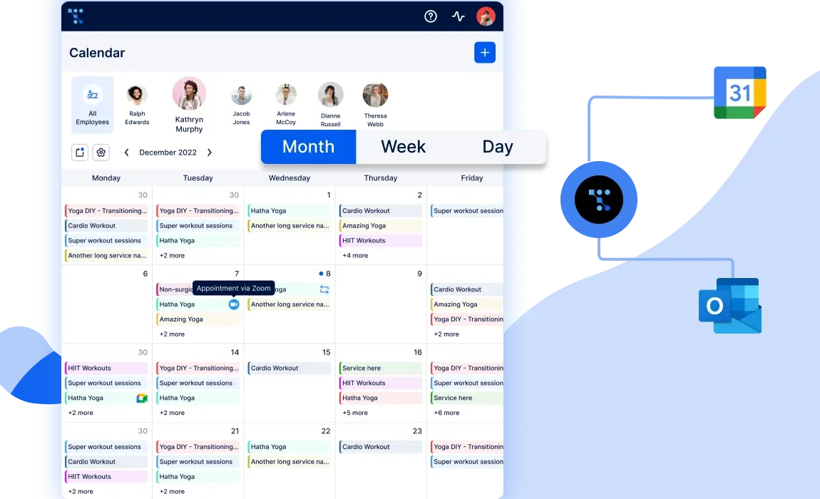 A screenshot showing Trafft’s calendar with all booked appointments and icons of Trafft’s integrations with Google Calendar and Outlook Calendar
