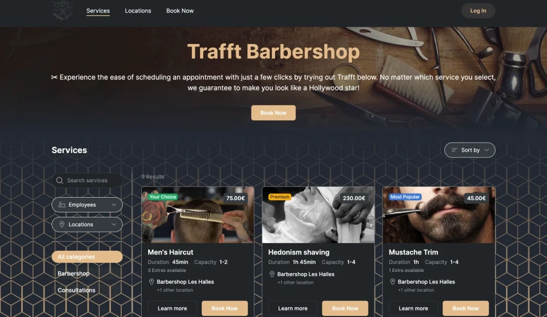 A screenshot of Trafft’s booking page for barbershop