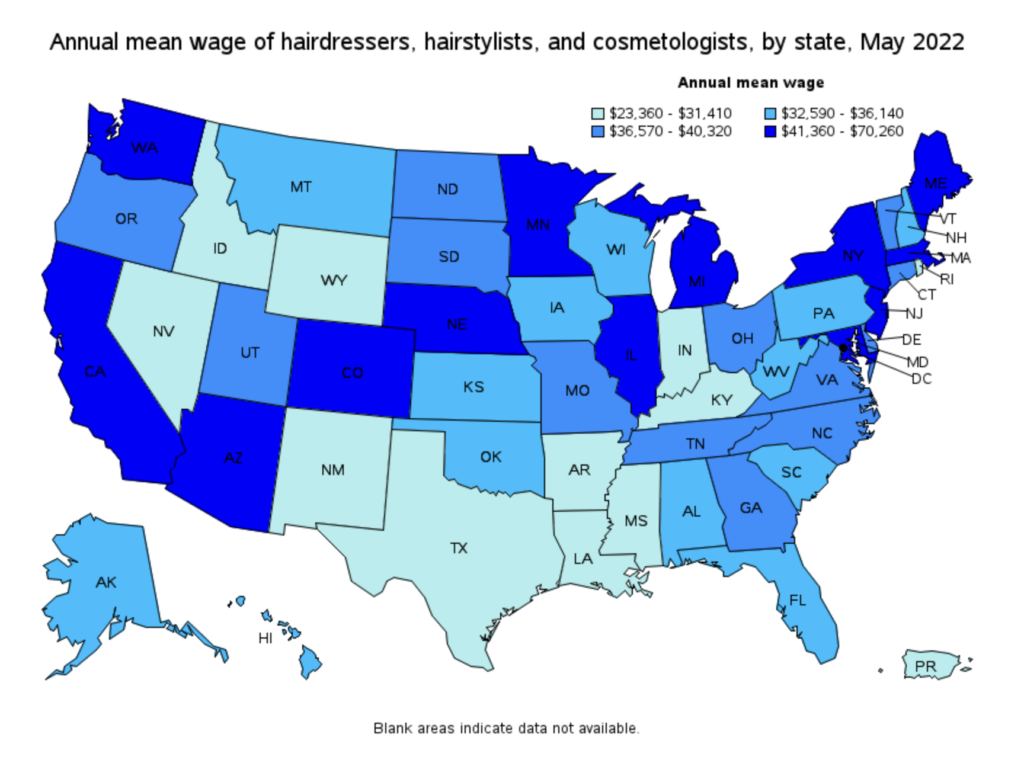 representation of annual mean wages of hairdressers, hairstylists, and cosmetologists by state in May 2022