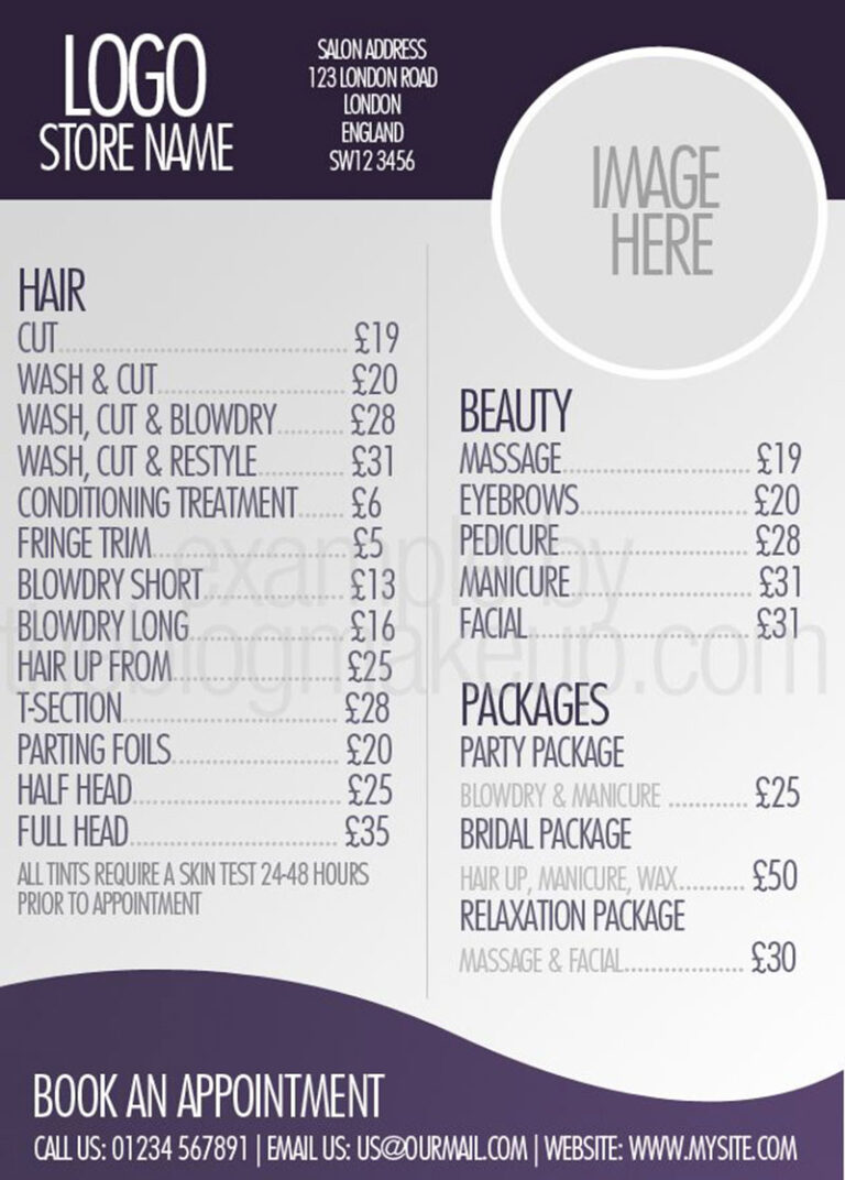 Hair Salon Prices List And Menu Design Ideas