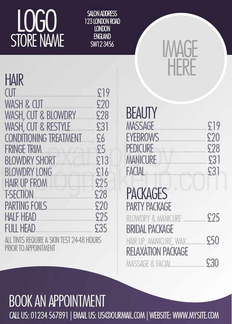 Beautifully Designed Salon Price List