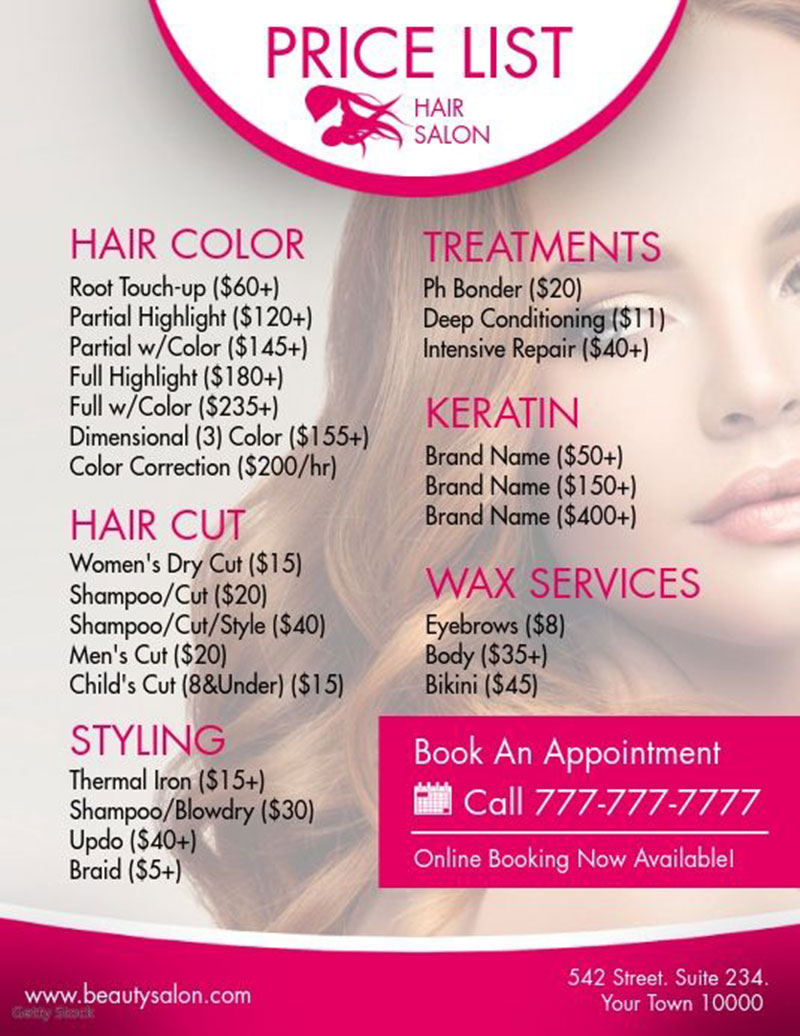 Beauty Salon Price List